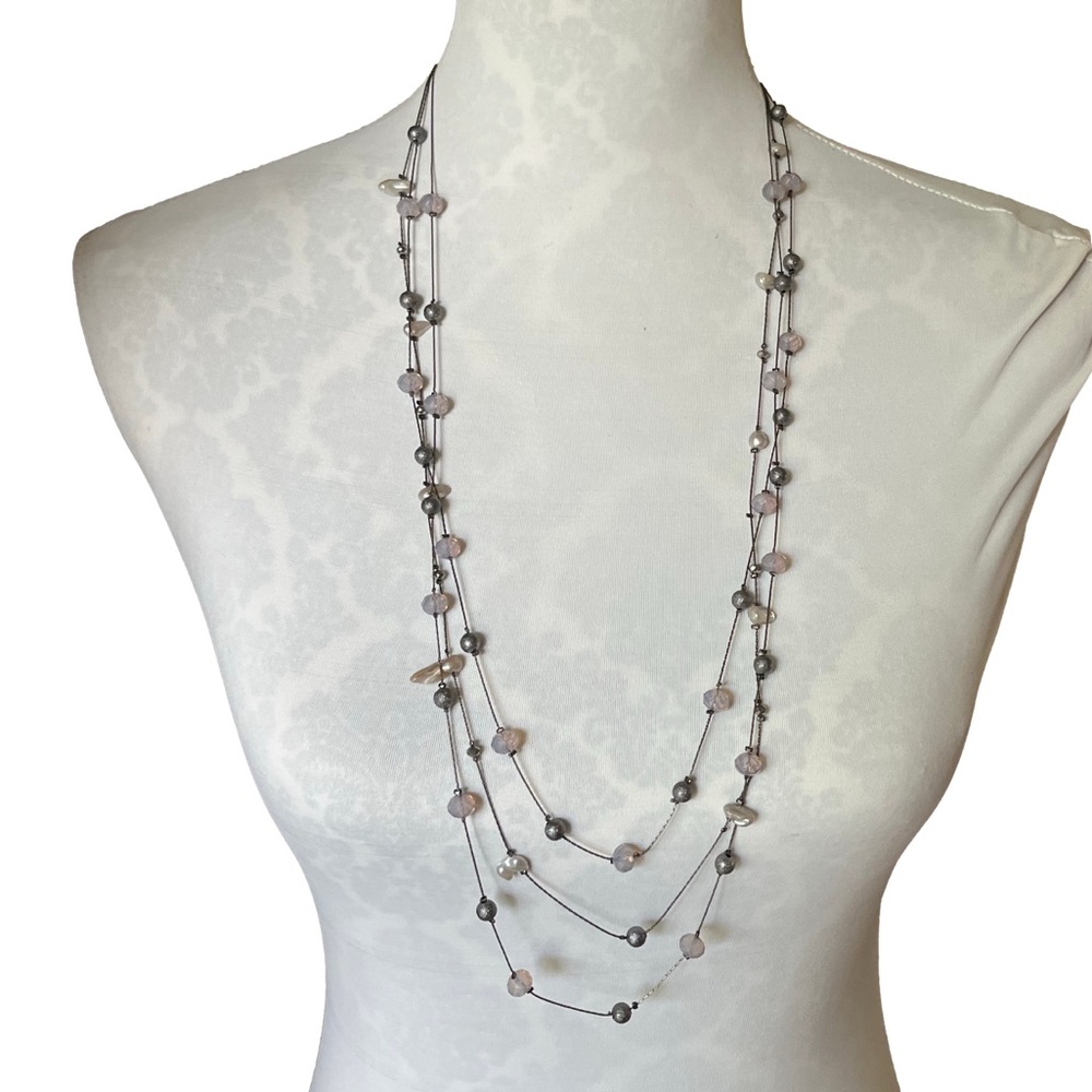 Elegant Multi-Strand Beaded Station Necklace with Gray, Ivory & Clear Tones